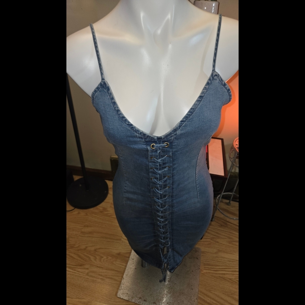 Revamped Blue Lace-Up Camisole Dress